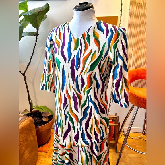 80s/90s True Vintage Rainbow Zebra Print Linen Drop Waist Dress - Picture 2 of 10